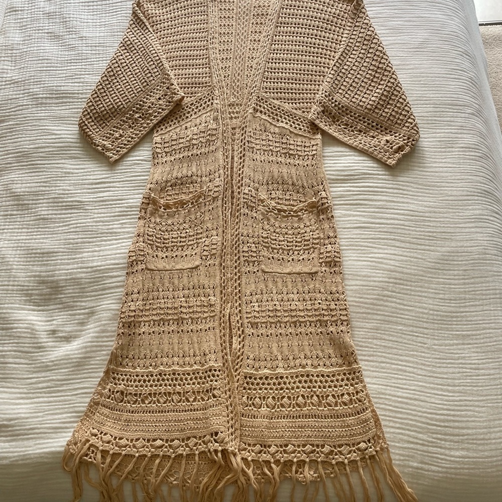 Sundance Crochet Tan Long Cardigan with Fringe